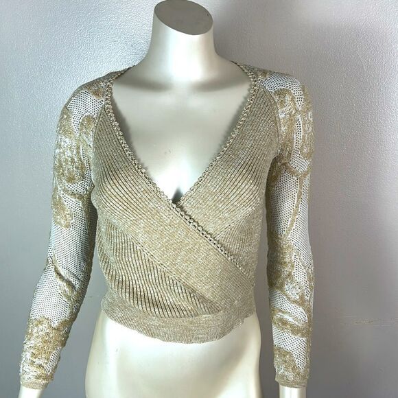 Anthropologie Sweater Lace Sleeves Faux Wrap Beige Boho Romantic small - Picture 2 of 10